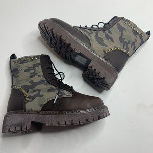 AMS Dream Green Brown Camo Studded Lace Up Ankle Boots W